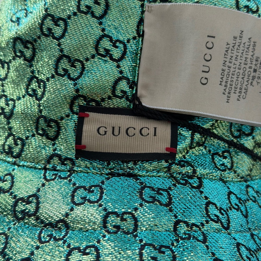 Auth Gucci Hat Bucket Style Reversible Green Metallic GG Monogram Size S Retro - Picture 3 of 10